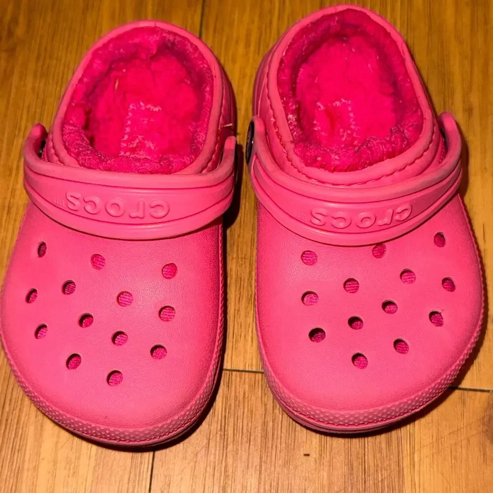 Crocs Classic Lined Clogs Toddler C7 Hot Pink Fuzzy Slip On Shoes